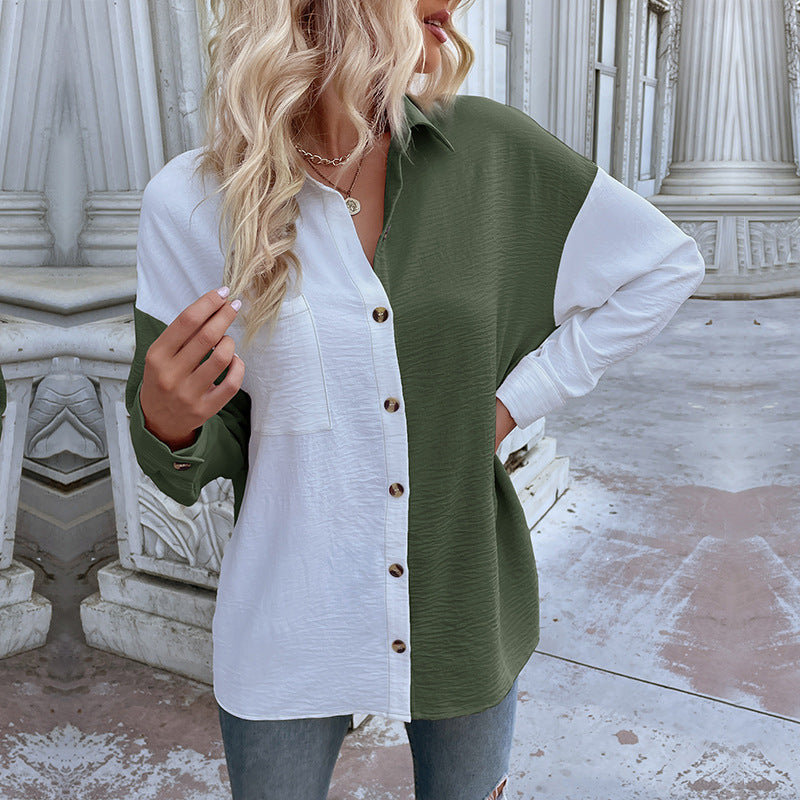Damen Oversized-Hemdbluse mit Colour-Blocking, Brusttasche und strukturierter Viskosemischung Drune
