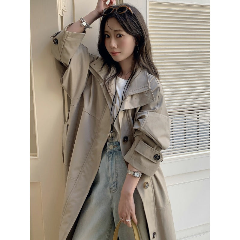 Damen Langer leichter Trenchcoat im Oversize-Stil mit geradem Schnitt und verdeckter Knopfleiste Drune