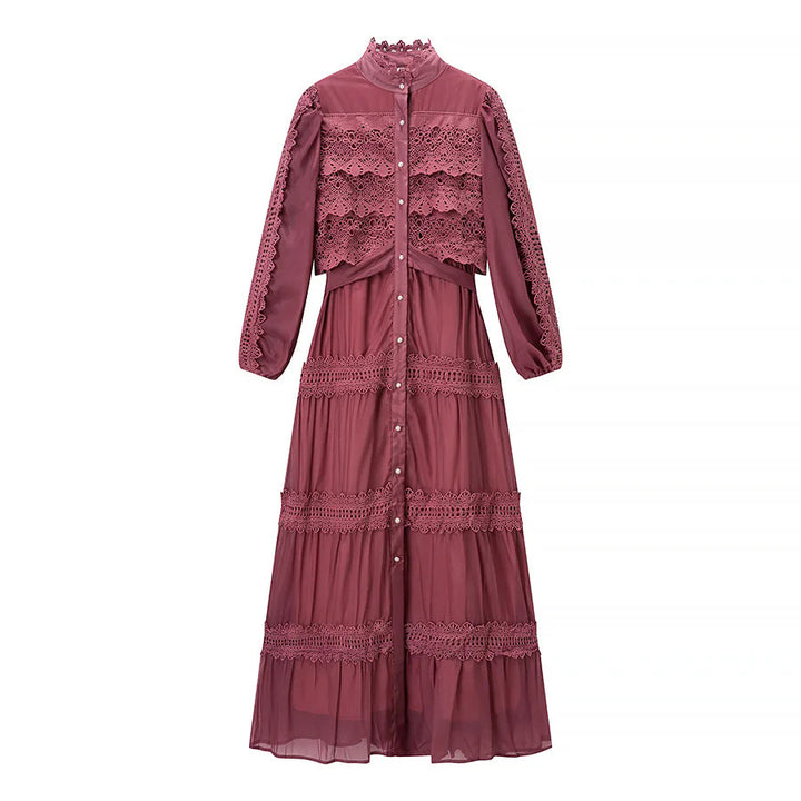 Damen nan romantisches Maxikleid mit Stehkragen, Knopfleiste und gehäkelten Spitzeneinsätzen Drune