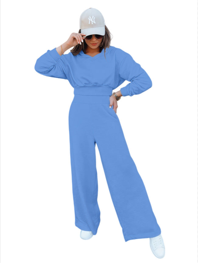 Damen Loungewear-Set mit Cropped V‑Ausschnitt-Pullover und hochtaillierter Palazzohose Drune
