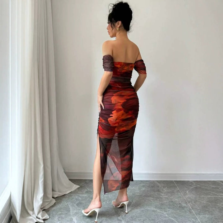 Damen elegantes Off-Shoulder Kleid mit raffinierten Rüschen Drune
