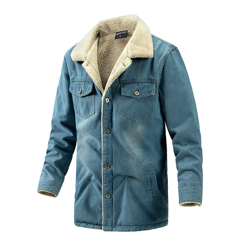 Herren Wattierte Denimjacke mit Sherpa-Futter und verlängertem Outdoor-Schnitt Drune