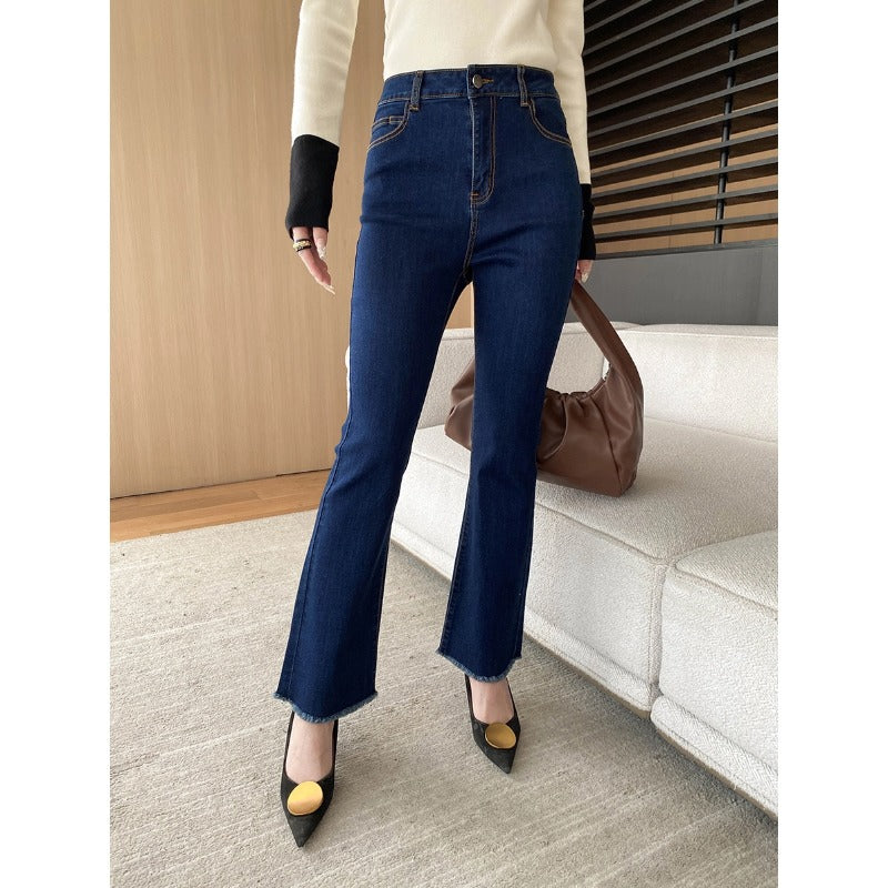 Damen High-Waist Flared Jeans mit fransigen Säumen Drune