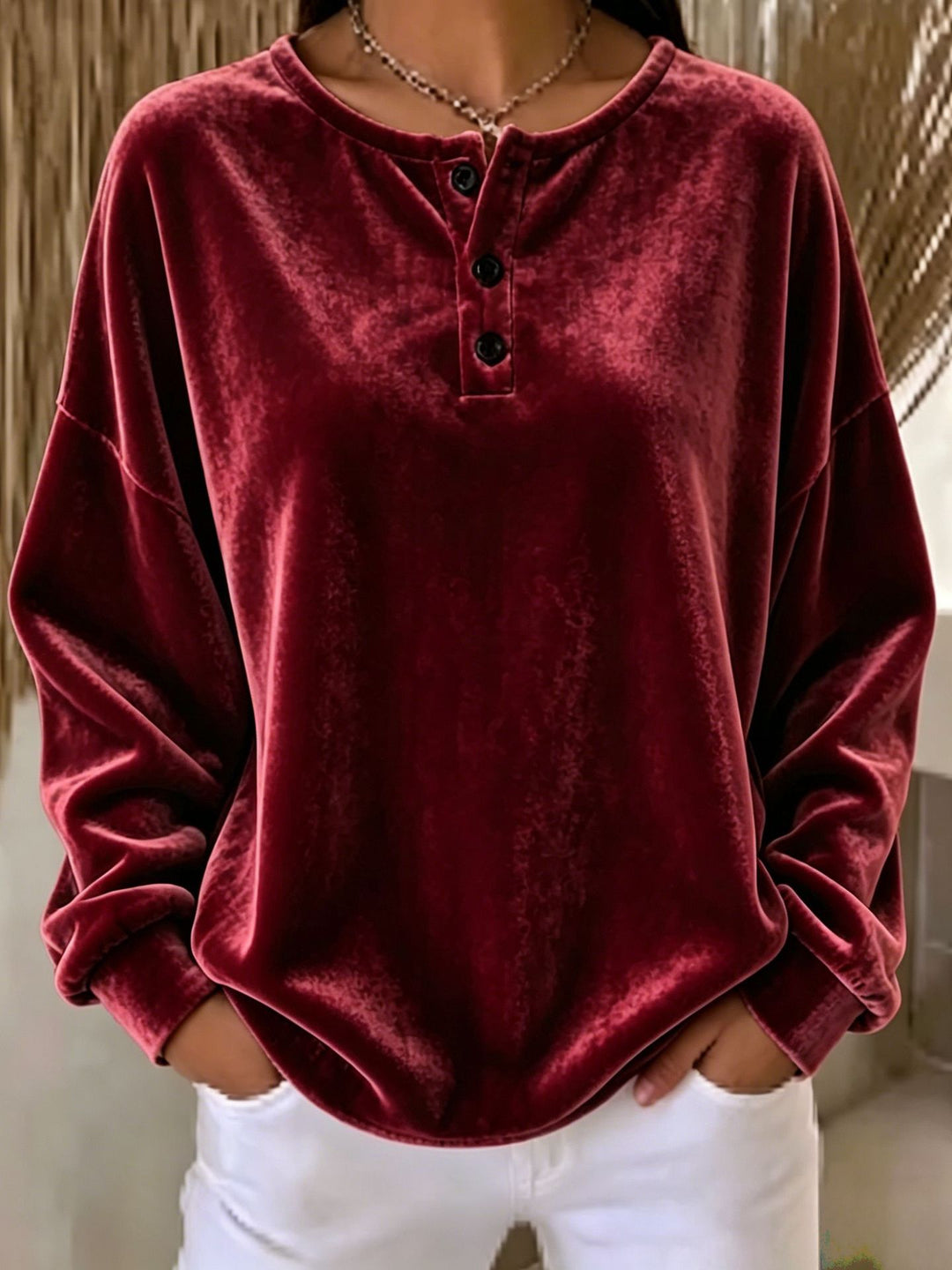 Damen Lässiges Oversize Samt-Henleyshirt mit Knopfleiste Drune
