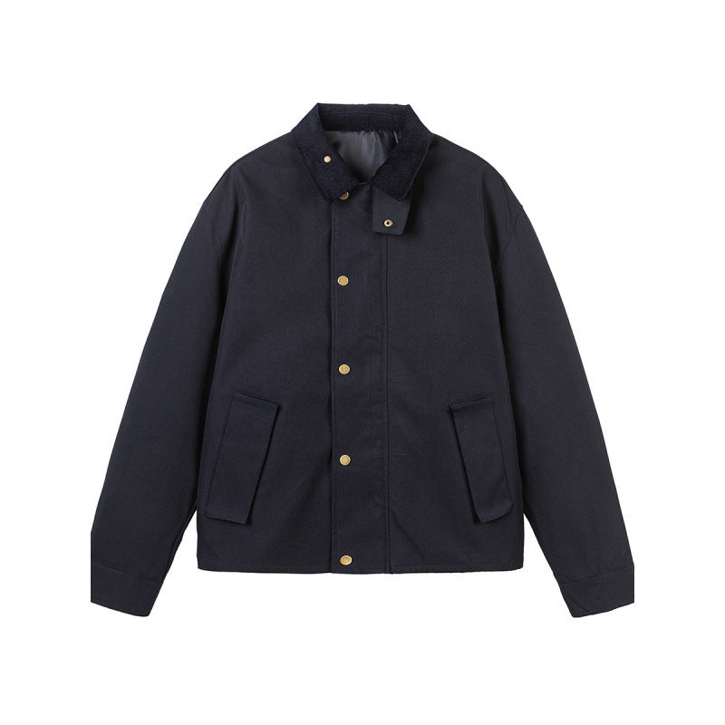 Herren Kurze Boxy-Workerjacke aus robustem Canvas mit Cordkragen und verdeckter Druckknopfleiste Drune