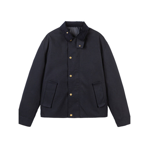 Herren Kurze Boxy-Workerjacke aus robustem Canvas mit Cordkragen und verdeckter Druckknopfleiste Drune