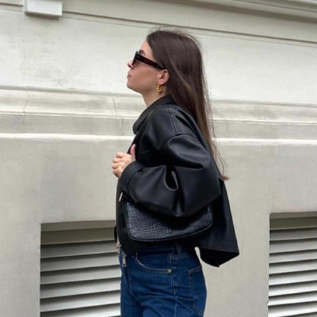 Damen Modische Cropped Kunstlederjacke mit Reißverschluss und Taschen Drune