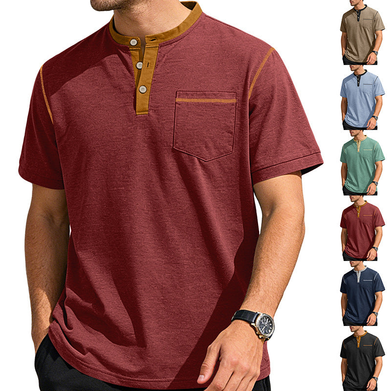 Herren nan legeres Kurzarm-Bandkragenshirt mit Knopfleiste Brusttasche und Flatlocknähten Drune