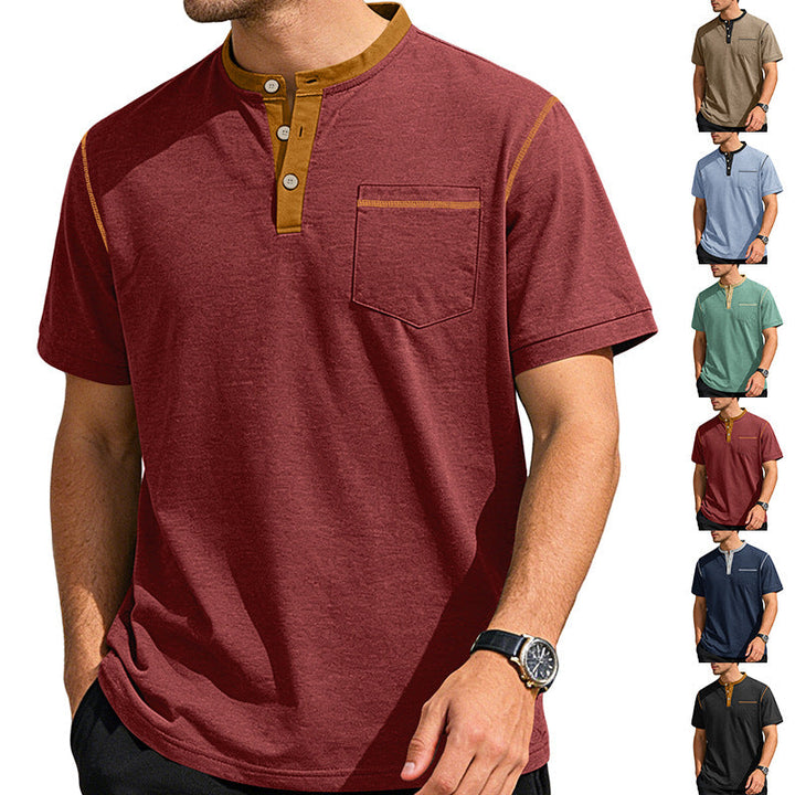 Herren nan legeres Kurzarm-Bandkragenshirt mit Knopfleiste Brusttasche und Flatlocknähten Drune