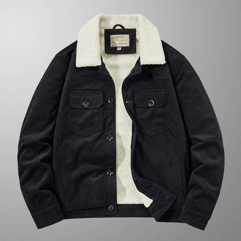 Herren Cord-Workjacke mit Sherpa-Innenfutter, Reverskragen und Druckknopfleiste Drune