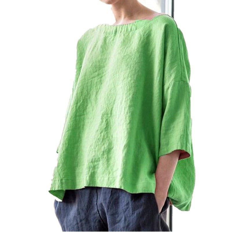 Damen Oversized Leinenbluse mit weitem Boxy‑Schnitt, U‑Boot‑Ausschnitt und 3/4‑Ärmeln Drune