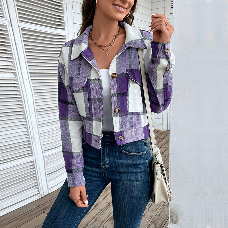 Damen cropped Karo-Jacke mit praktischen Taschen und modischen Details Drune