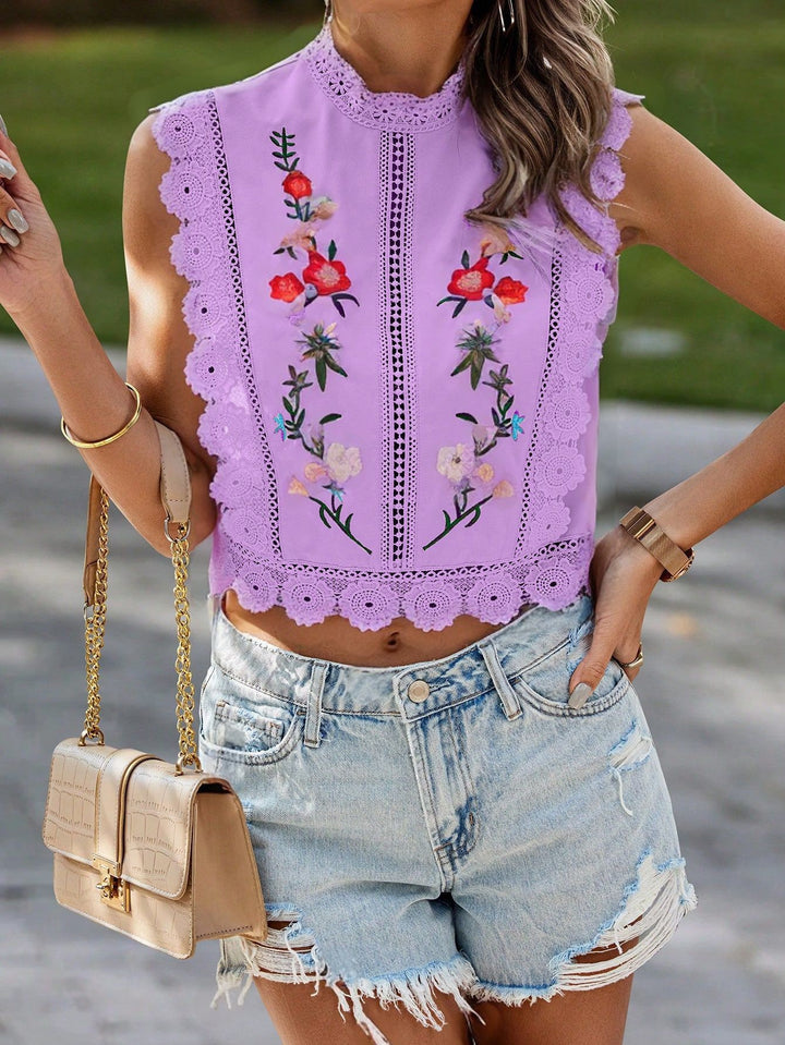 Damen Besticktes Spitzen-Cropped-Top mit Stehkragen und Häkelkanten Drune