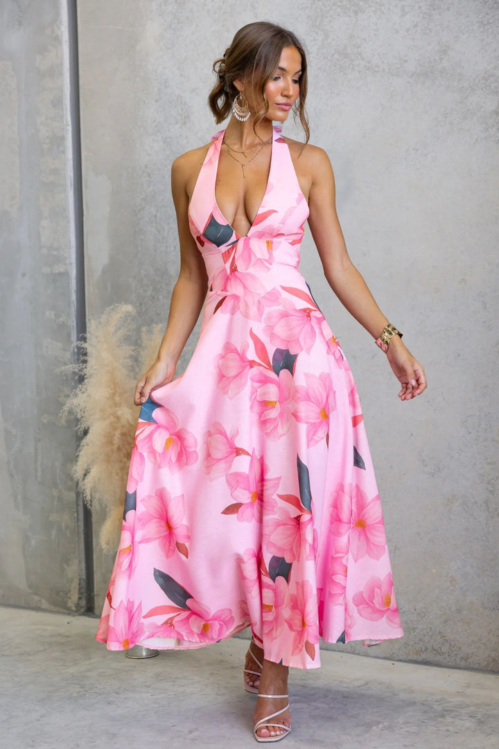 Damen Maxikleid mit tiefem V-Ausschnitt und floralen Akzenten Drune