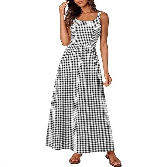 Damen Maxikleid im klassischen Karomuster mit verstellbaren Trägern und elastischem Bund Drune
