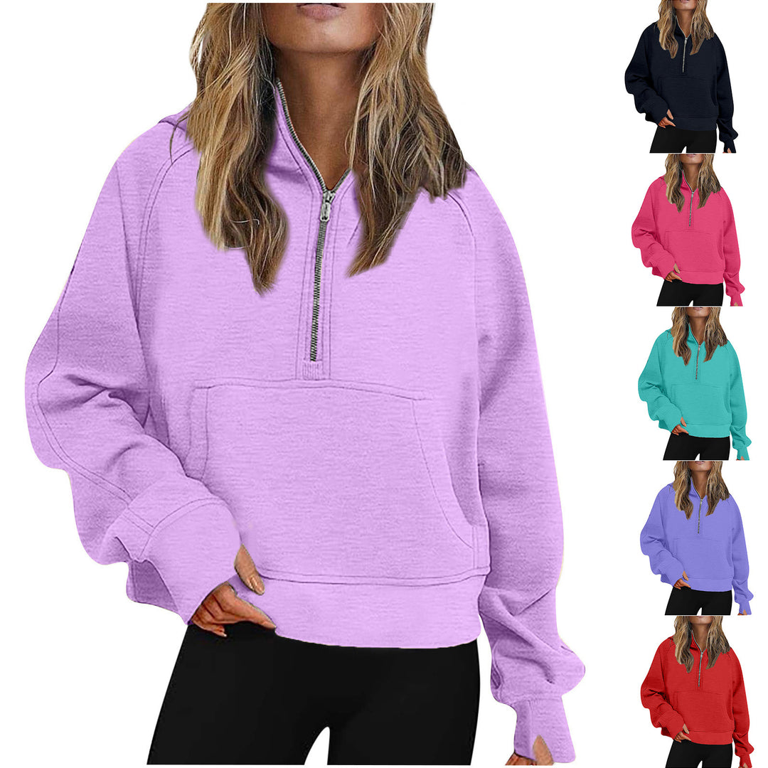 Damen Oversize Halb-Zip Kapuzenpullover mit Kängurutasche & Daumenloch Drune