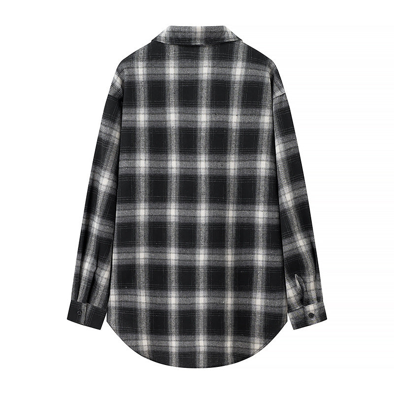 Damen Oversize‑Karo‑Hemdbluse mit aufgesetzten Brusttaschen und abgerundetem Saum Drune