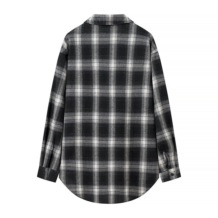 Damen Oversize‑Karo‑Hemdbluse mit aufgesetzten Brusttaschen und abgerundetem Saum Drune