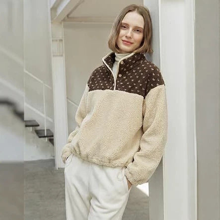 Damen Teddy-Fleece-Pullover mit Stehkragen, Druckknopfverschluss und Kordelzug Drune