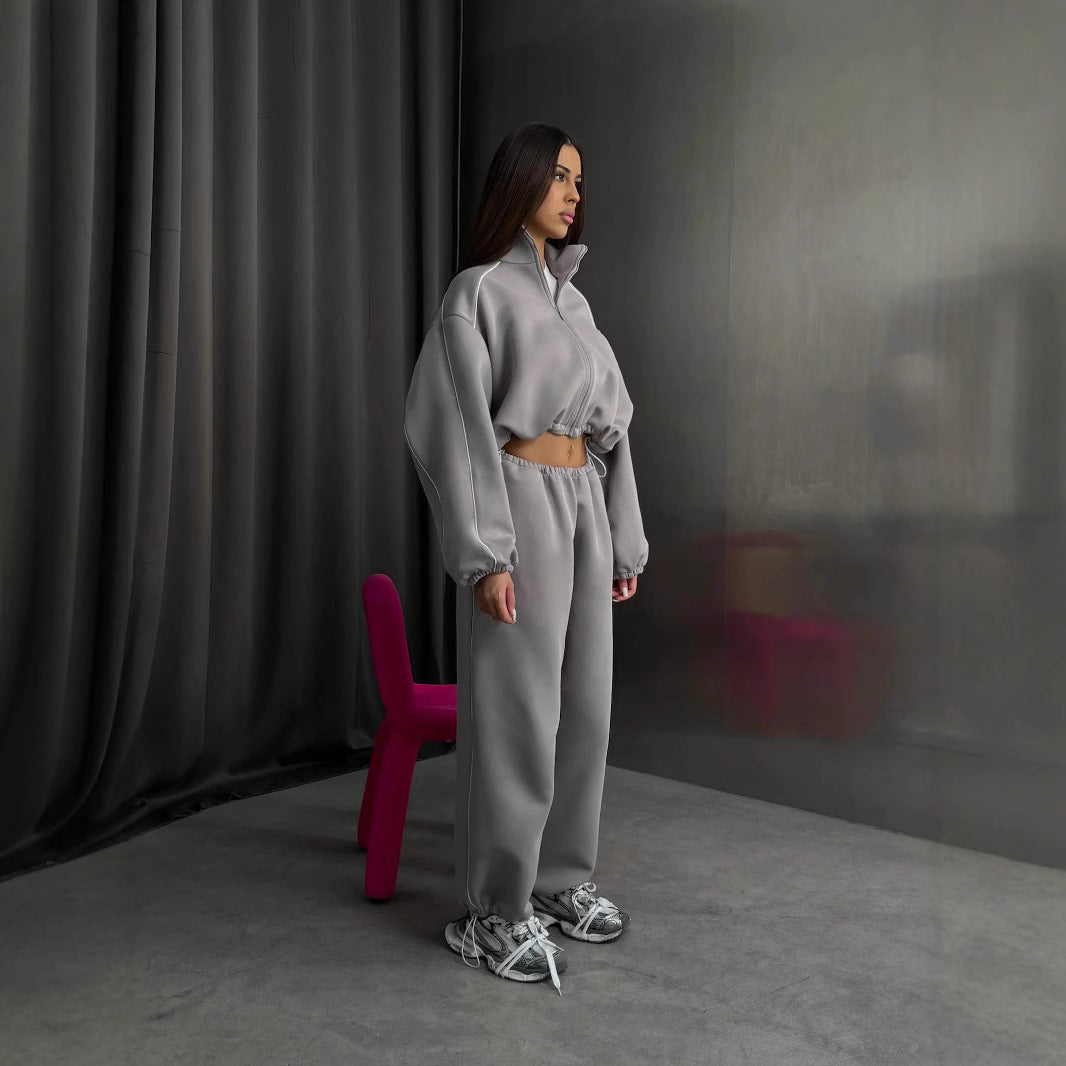 Damen cropped Zip-Kapuzenjacke mit Tunnelzug-Bund, oversized Ärmeln und kontrastierender Paspel Drune