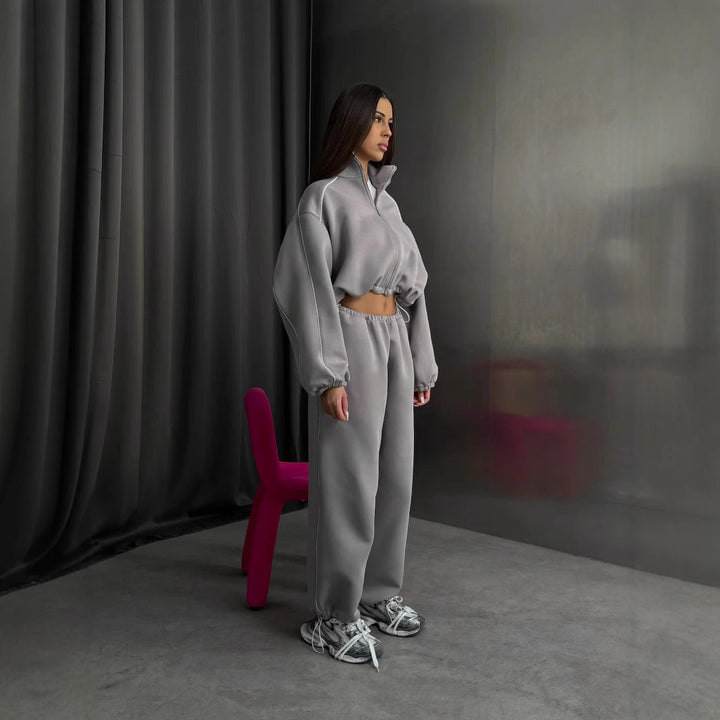 Damen cropped Zip-Kapuzenjacke mit Tunnelzug-Bund, oversized Ärmeln und kontrastierender Paspel Drune