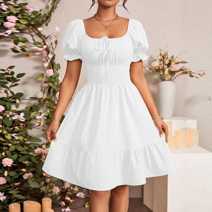 Damen Puffärmel Kleid mit elastischem Tailleneinsatz und Rüschensaum Drune