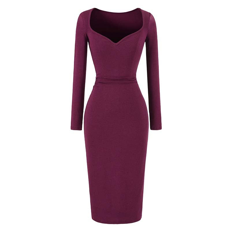 Damen Eng anliegendes Midikleid mit herzförmigem Ausschnitt und langen Ärmeln Drune