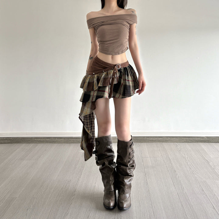 Damen Verspielter Karorock mit asymmetrischem Schnitt und verstellbarem Bund Drune