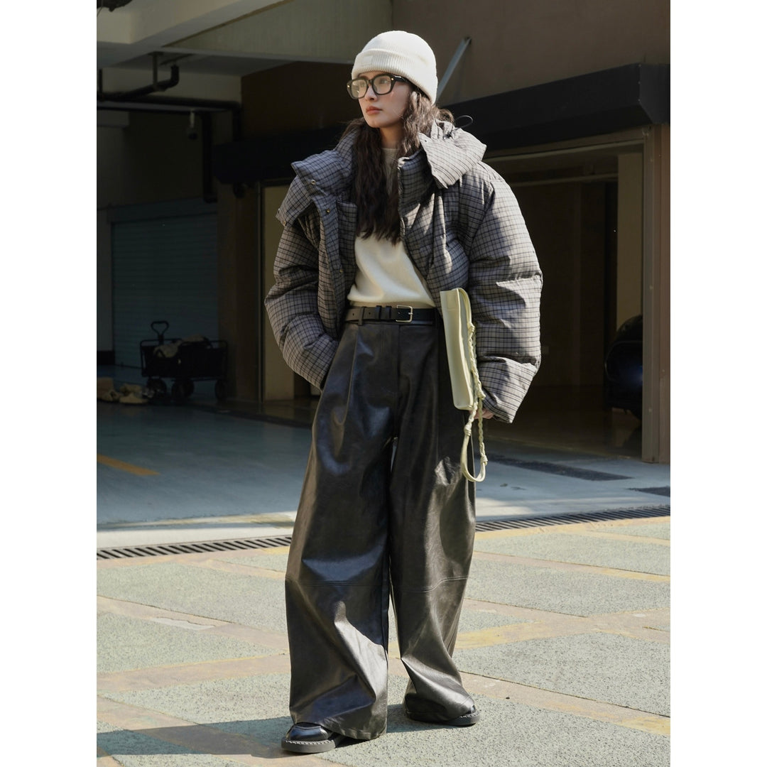Damen Weite High‑Waist Culotte‑Hose aus Lederimitat mit Bundfalten und Lounge‑Silhouette Drune