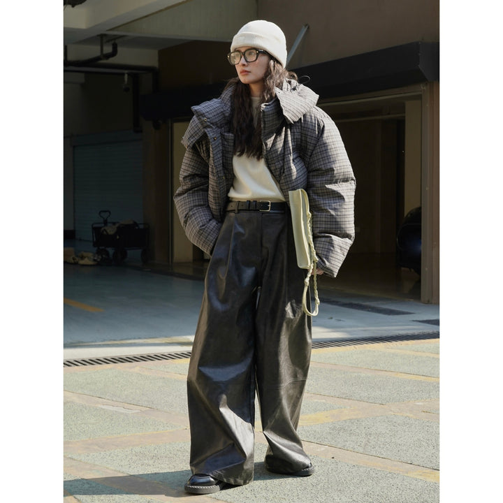 Damen Weite High‑Waist Culotte‑Hose aus Lederimitat mit Bundfalten und Lounge‑Silhouette Drune