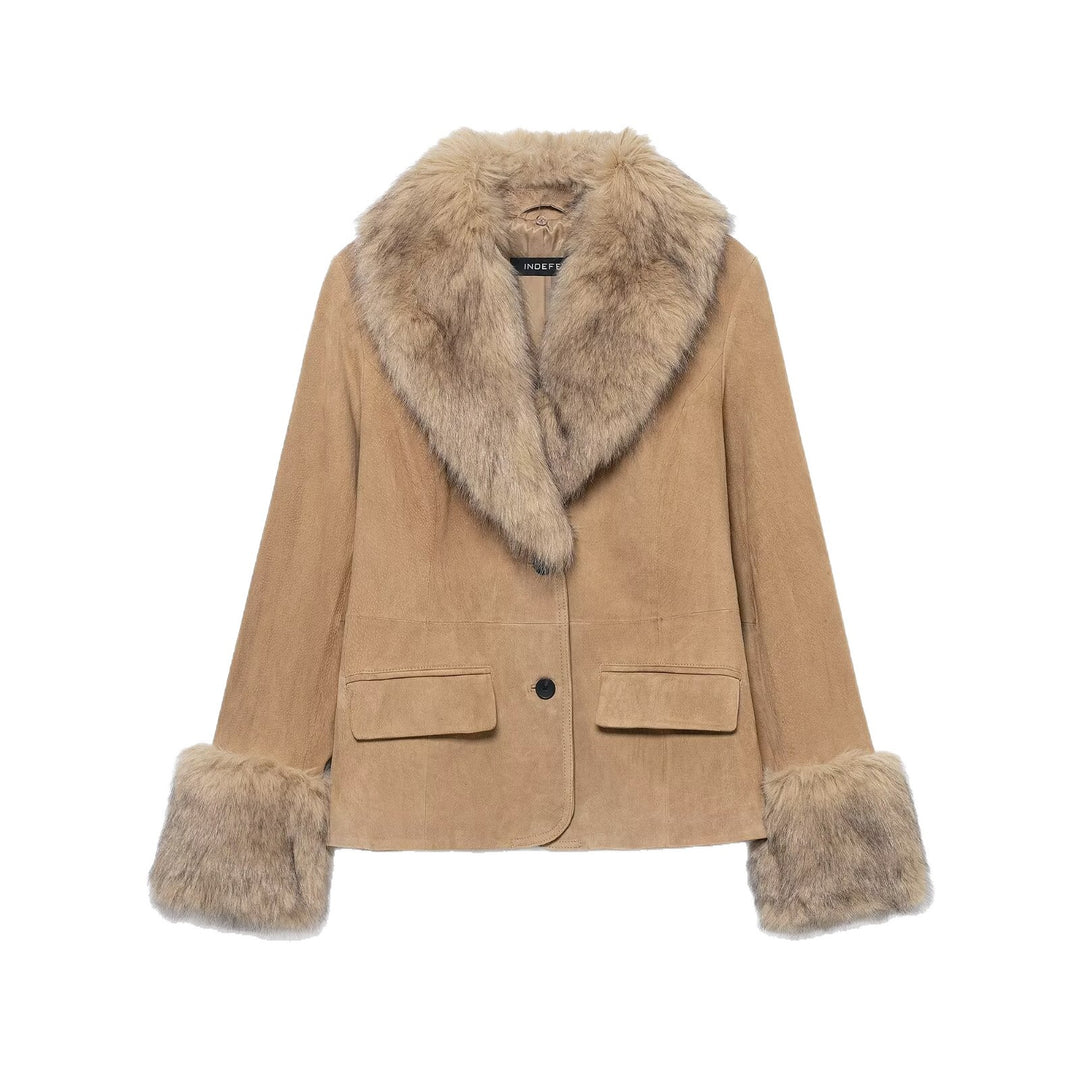 Damen kurze Wildlederjacke mit voluminärem Fellkragen und breiten Fellmanschetten Drune