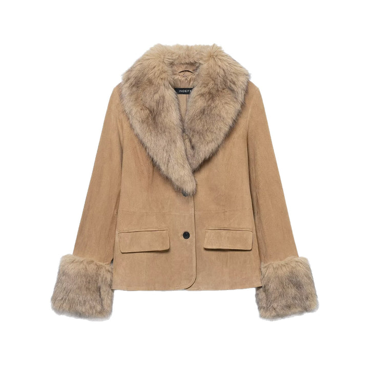 Damen kurze Wildlederjacke mit voluminärem Fellkragen und breiten Fellmanschetten Drune