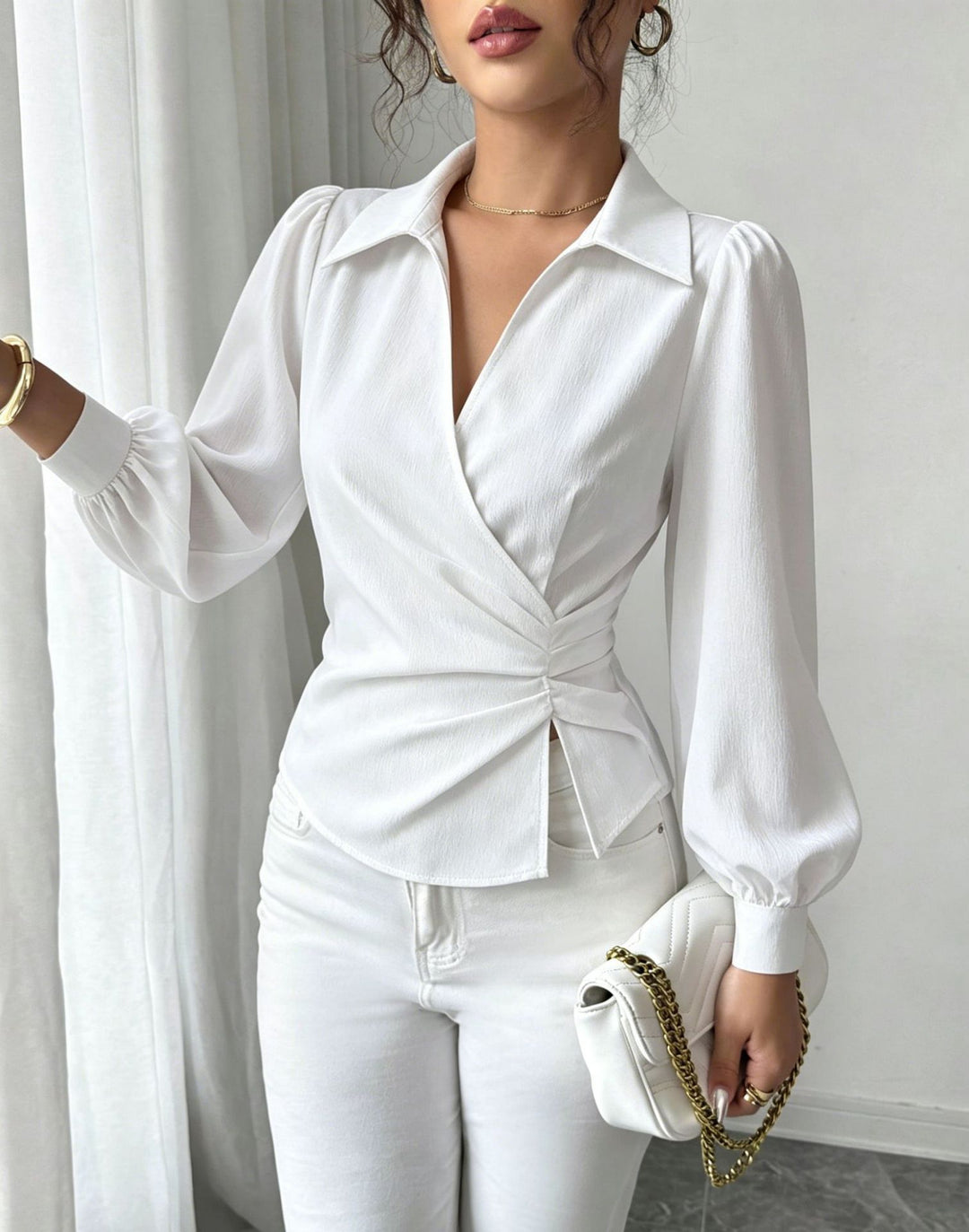 Damen Wickelbluse mit Taillenraffung, Hemdkragen und Ballonärmeln Drune