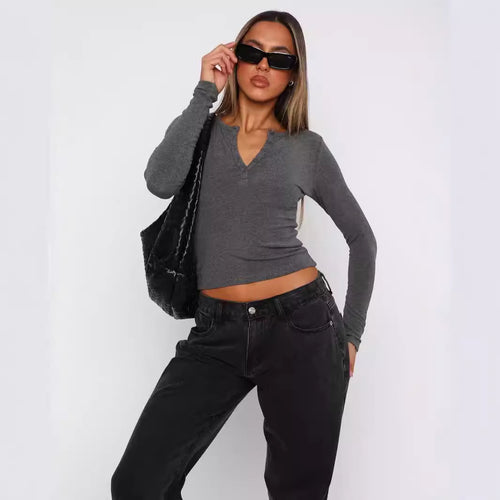 Damen Langarm Crop-Top mit eleganter V-Öffnung und figurbetontem Schnitt Drune
