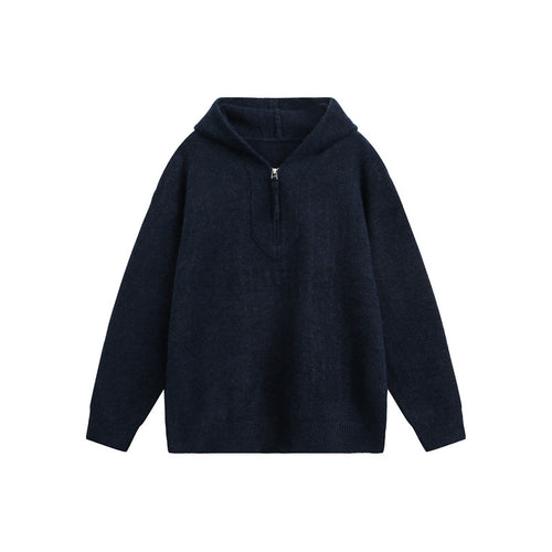 Unisex Grobgestrickter Kapuzenpullover mit halbem Reißverschluss und Boxy‑Schnitt Drune