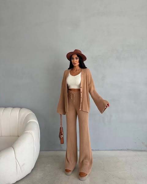 Damen Gerippter Strick‑Zweiteiler mit Oversized‑Cardigan und High‑Waist‑Sweathose Drune