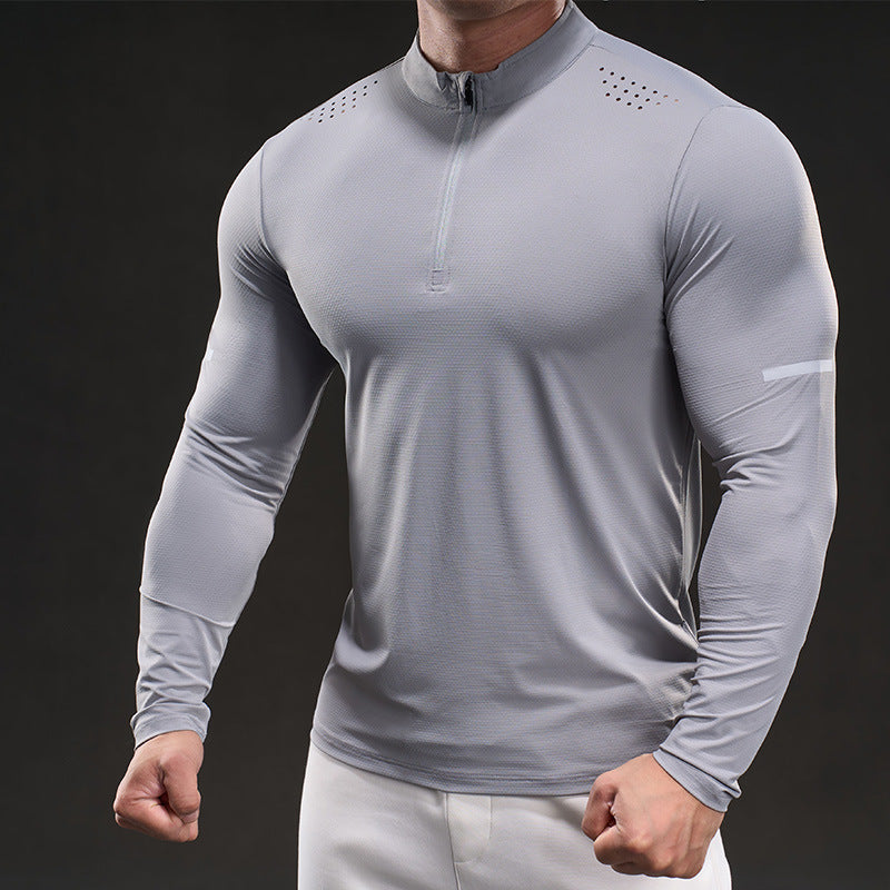 Herren Atmungsaktives Longsleeve Trainingsshirt mit Stehkragen und Kurz-Reißverschluss Drune