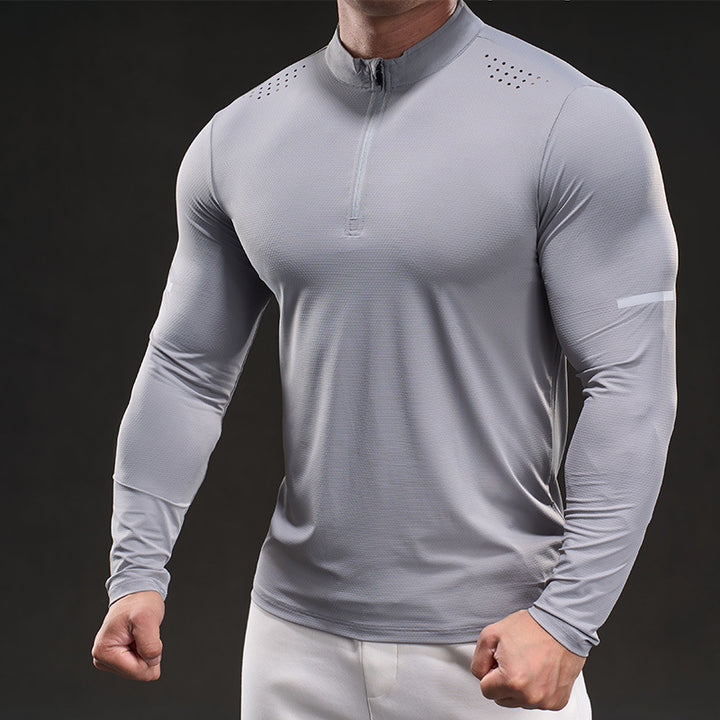 Herren Atmungsaktives Longsleeve Trainingsshirt mit Stehkragen und Kurz-Reißverschluss Drune