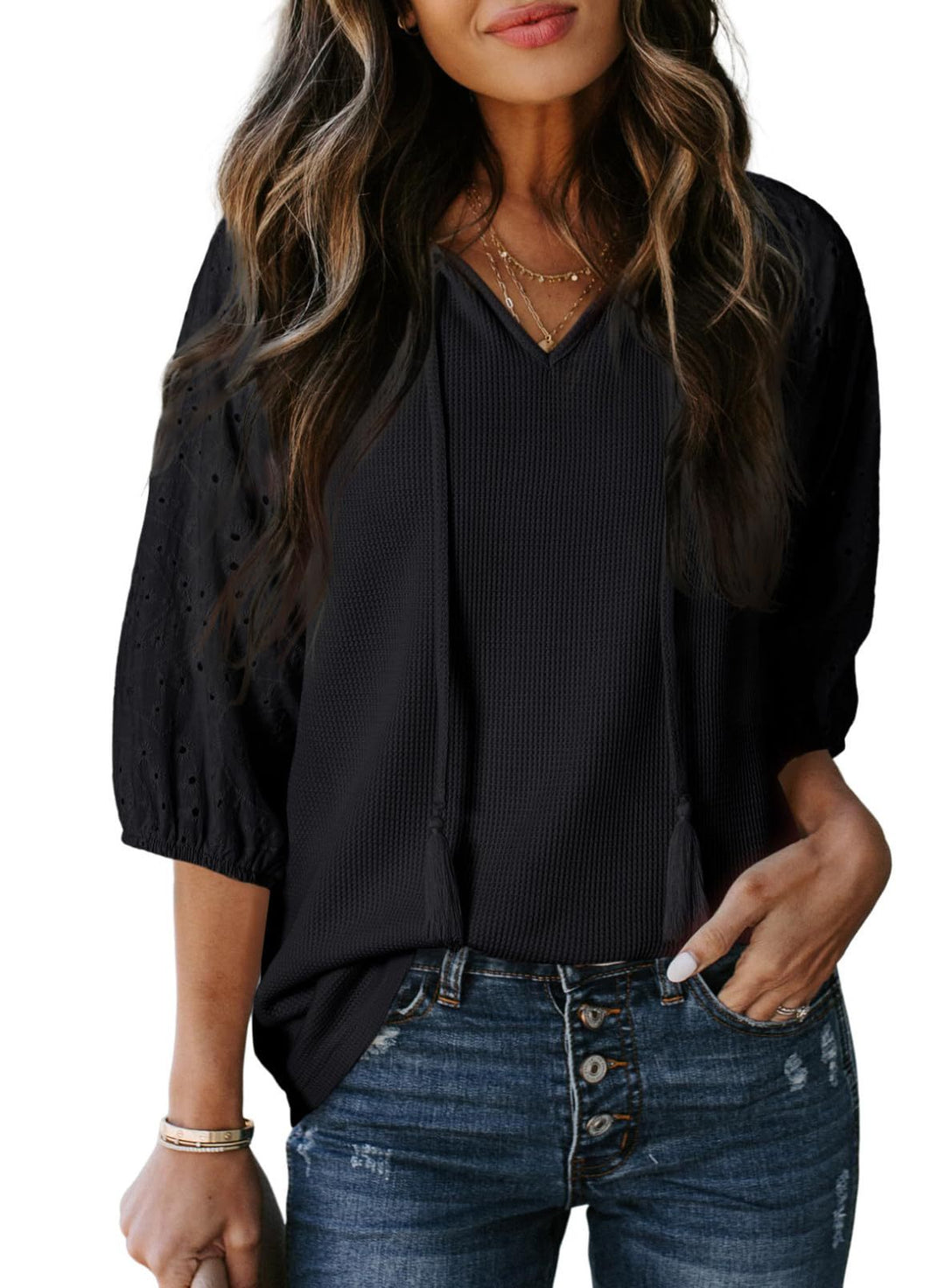 Damen Waffelshirt mit V‑Ausschnitt, Quasten und bestickten Puffärmeln Drune