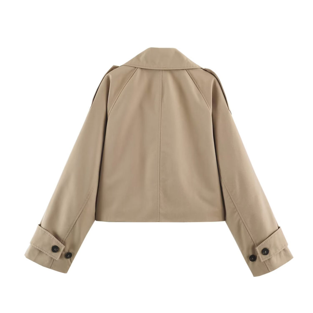 Damen Kurzblouson im Trenchstil mit kastiger Silhouette und doppelreihiger Knopfleiste Drune