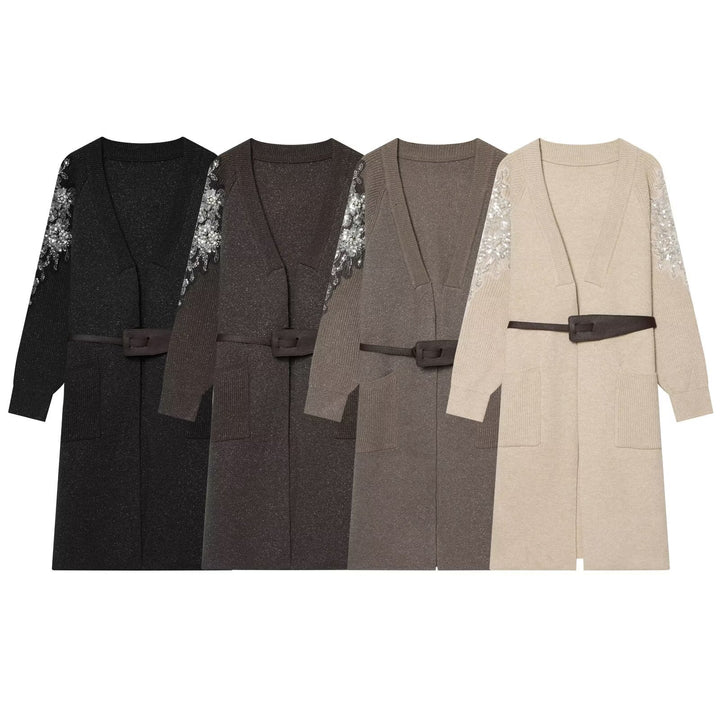 Damen Lange Strickmantel-Cardigan mit Taillengürtel und Paillettenbesatz Drune
