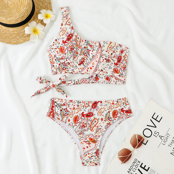 Damen Einseitiger Bikini mit floralem Design und seitlichem Knoten Drune