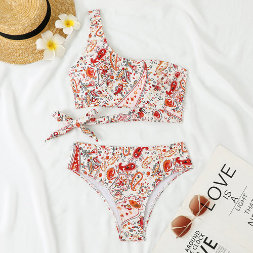 Damen Einseitiger Bikini mit floralem Design und seitlichem Knoten Drune