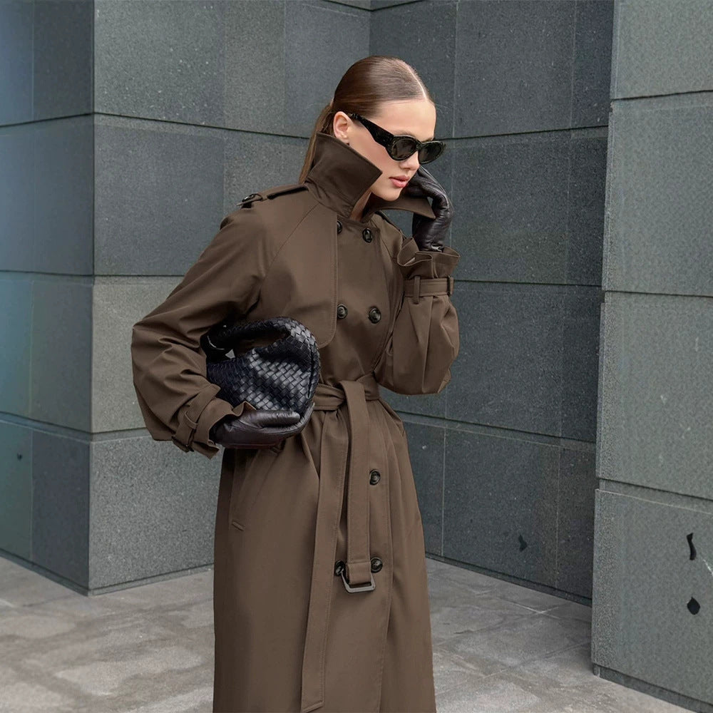 Damen Lang geschnittener wasserabweisender Trenchcoat mit hohem Stehkragen und Taillengürtel Drune