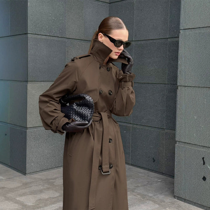 Damen Lang geschnittener wasserabweisender Trenchcoat mit hohem Stehkragen und Taillengürtel Drune