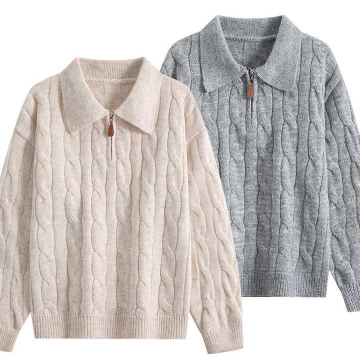 Damen Grobgestrickter Troyer-Pullover mit Halbreißverschluss & Oversize-Kragen Drune