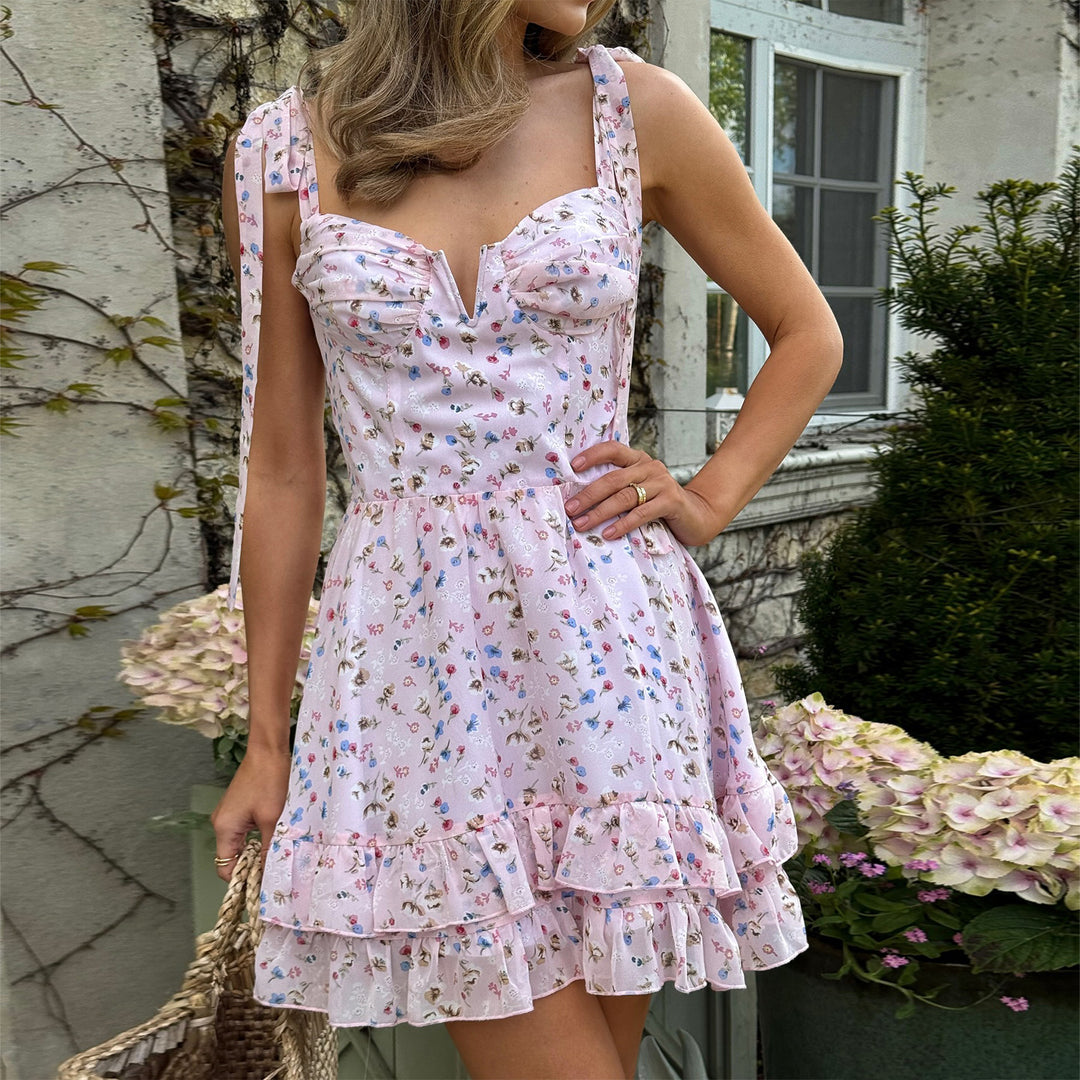 Damen Blütenmuster Minikleid mit zarten Rüschendetails und verstellbaren Trägern Drune