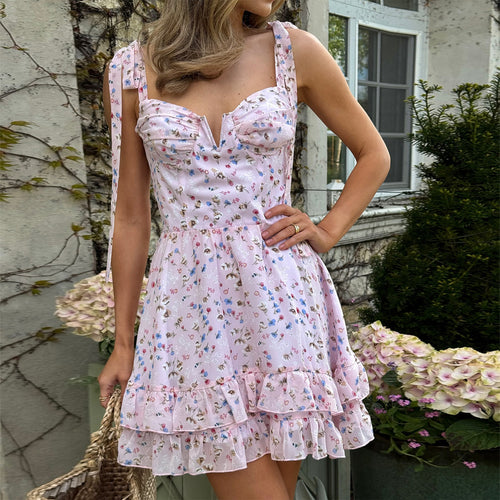 Damen Blütenmuster Minikleid mit zarten Rüschendetails und verstellbaren Trägern Drune