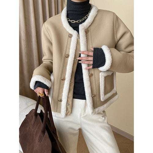 Damen Modische Kunstlederjacke mit Futter Drune