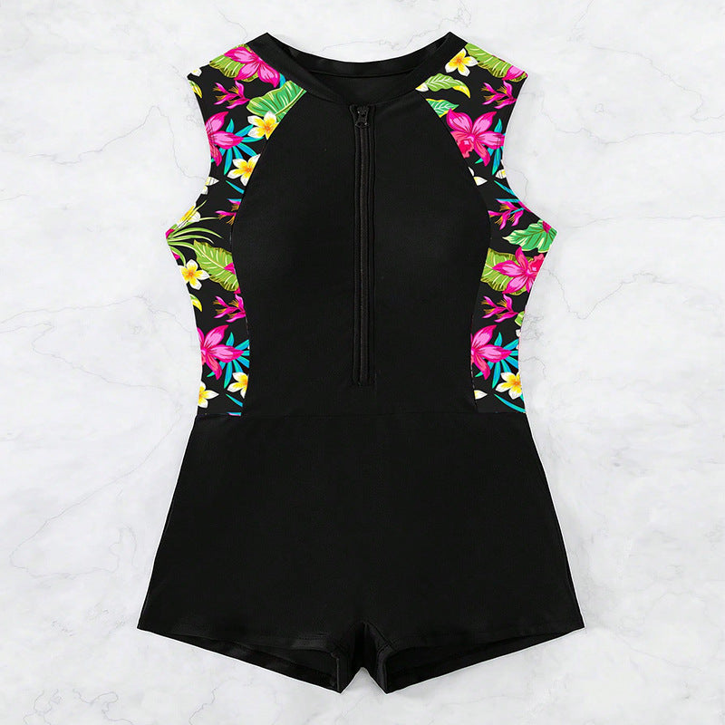 Damen Sportlicher Kurzarm-Badeanzug mit floralem Design Drune